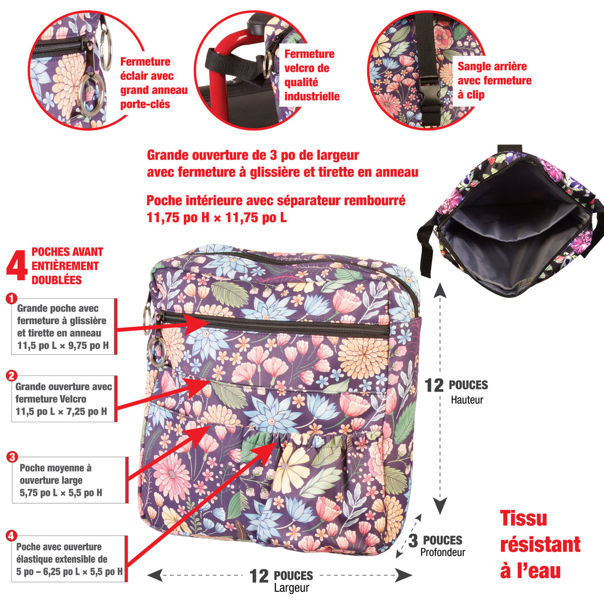 Mobility Aid 6-Pocket Multi-Pocket Organizer Bag with Four Front Pockets and Padded Interior
