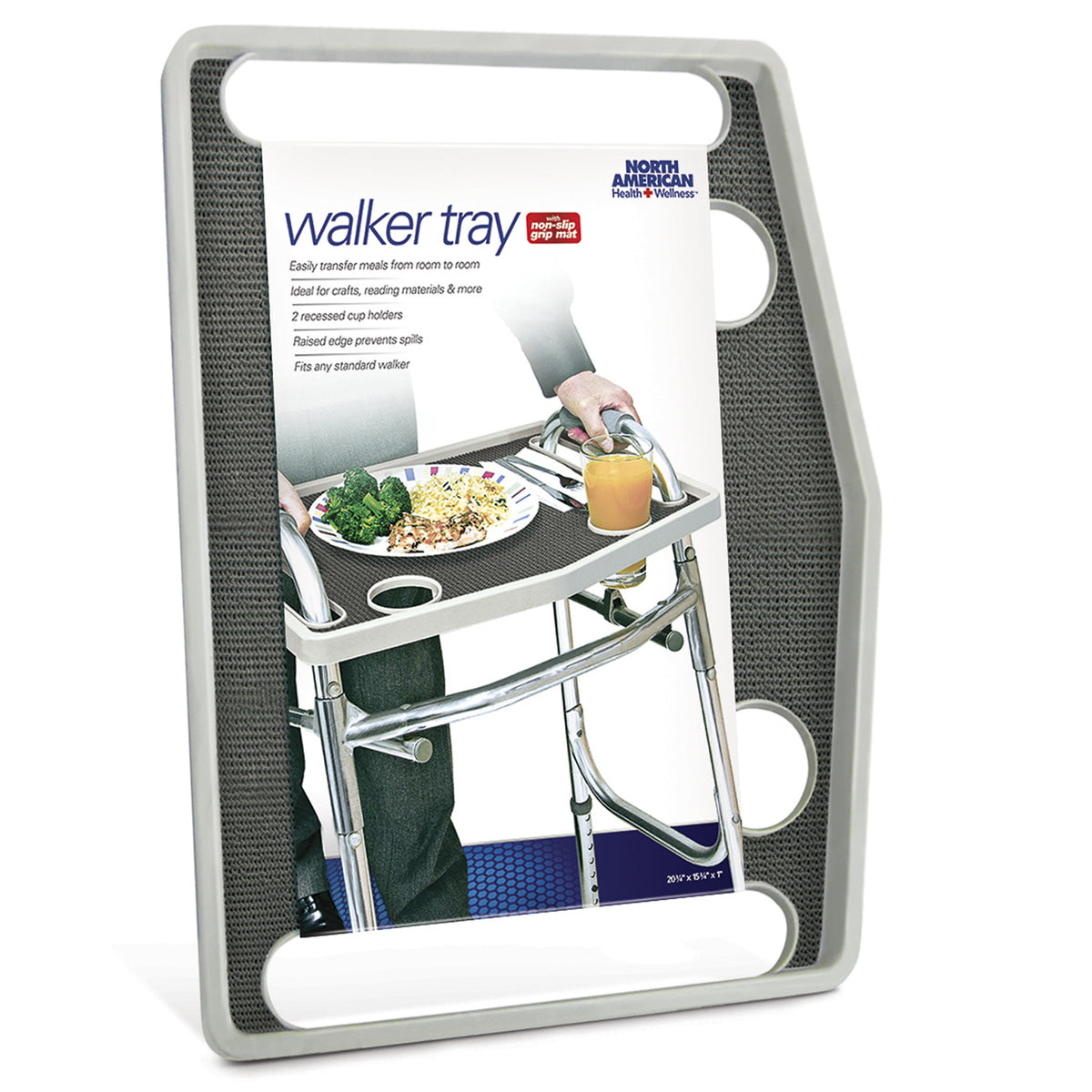 Mobility Aid Walker Tray with Removable Non-Slip Grip Mat and Two Recessed Cup Holders