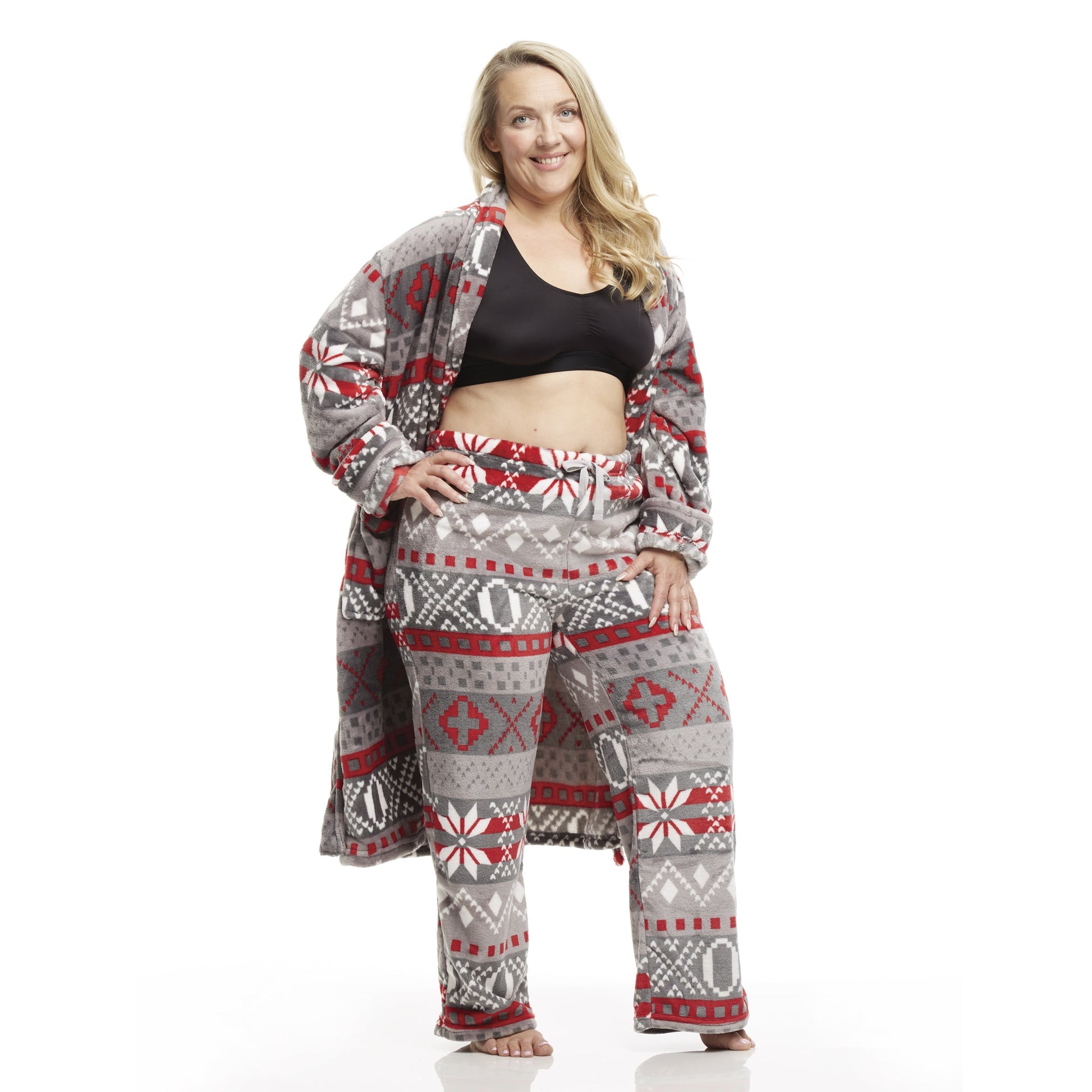 Women Fleece Bottom Pajamas and Robe Bathrobe