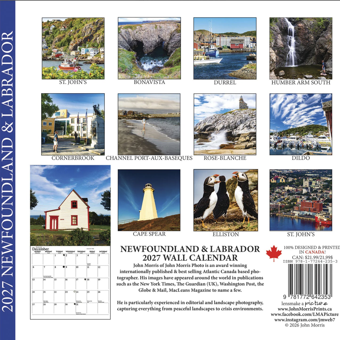 2027 Newfoundland & Labrador wholesale wall calendar featuring Canadian photography by John Morris