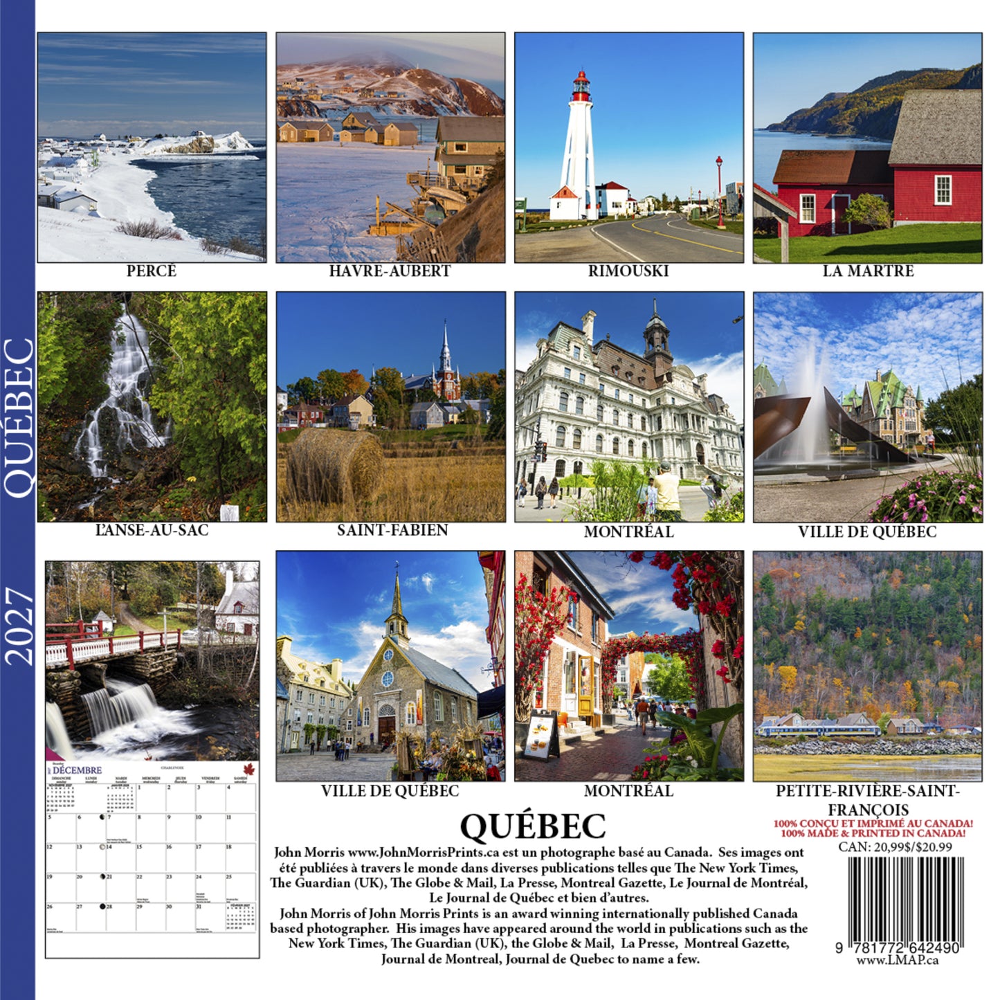 2027 Quebec Provincial bilingual wall calendar featuring Quebec photography by John Morris