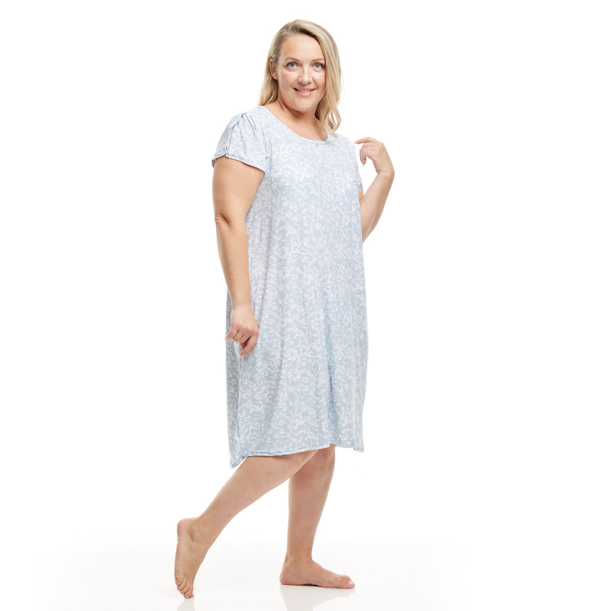 Women's Mid Calf Night Gown With Short Slit Sleeves