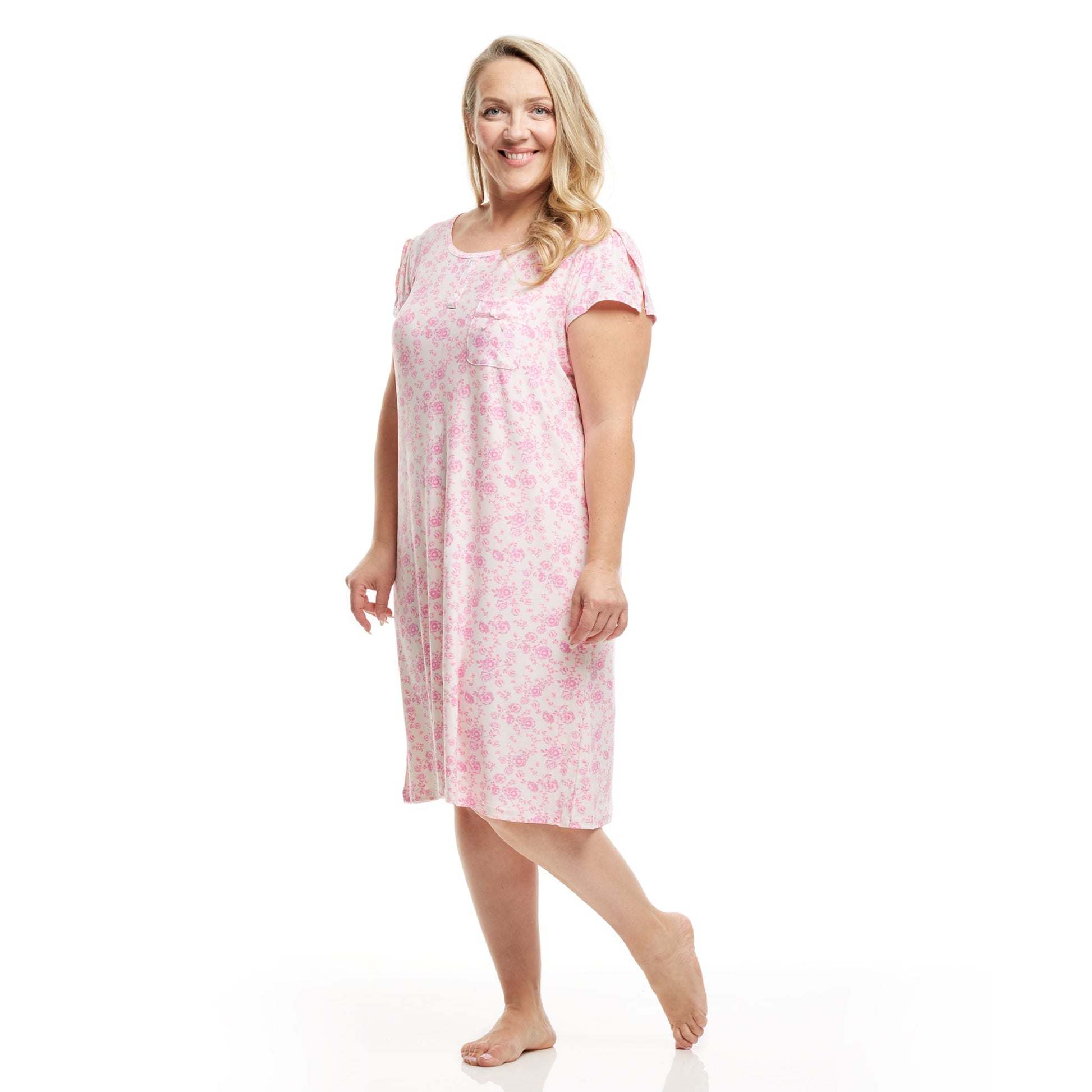 Women's Mid Calf Night Gown With Short Slit Sleeves