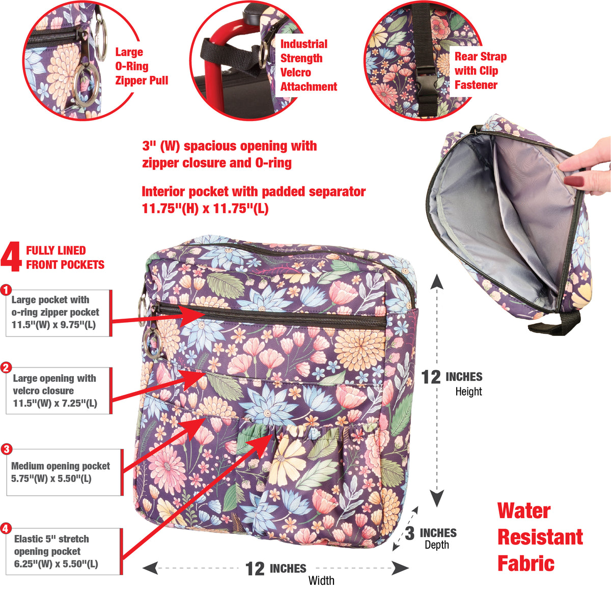 Multi Pocket Organizer 6-Fully-lined pockets For mobility aids: walkers, rollators, wheelchairs and scooters