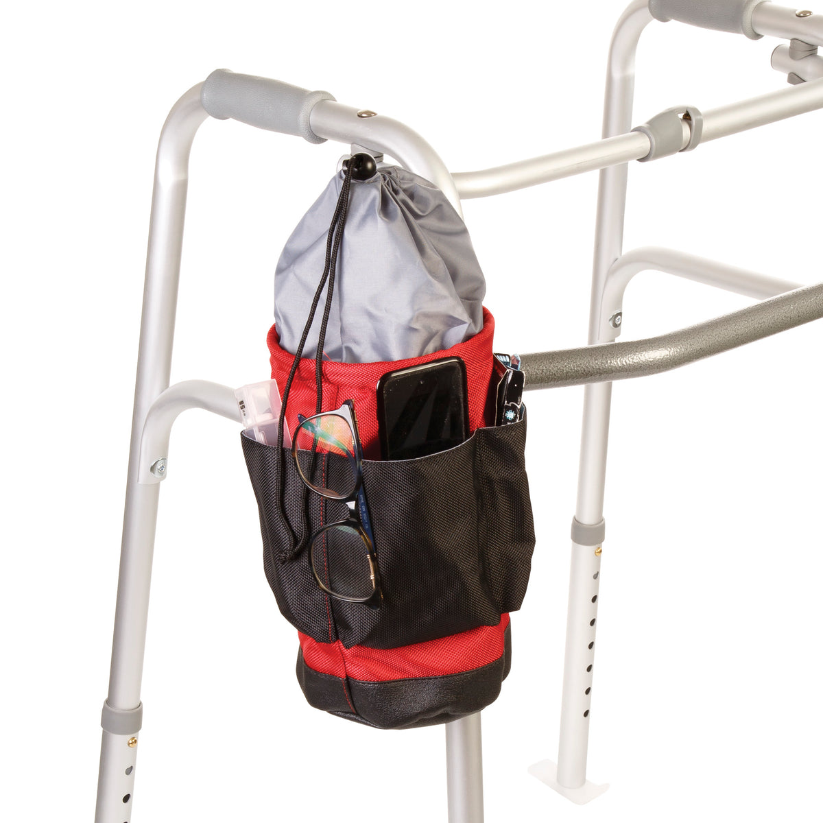 Mobility Aid Multi-Pocket Mini-Tool Caddie with Four Exterior Pockets and Drawstring Closure