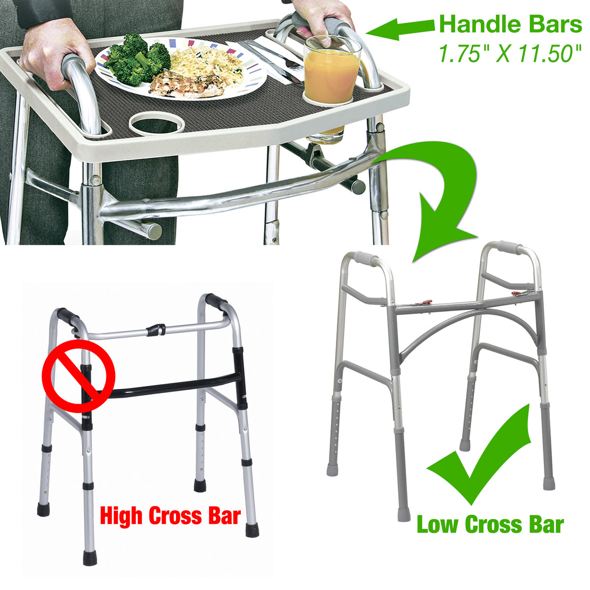 Mobility Aid Walker Tray with Removable Non-Slip Grip Mat and Two Recessed Cup Holders