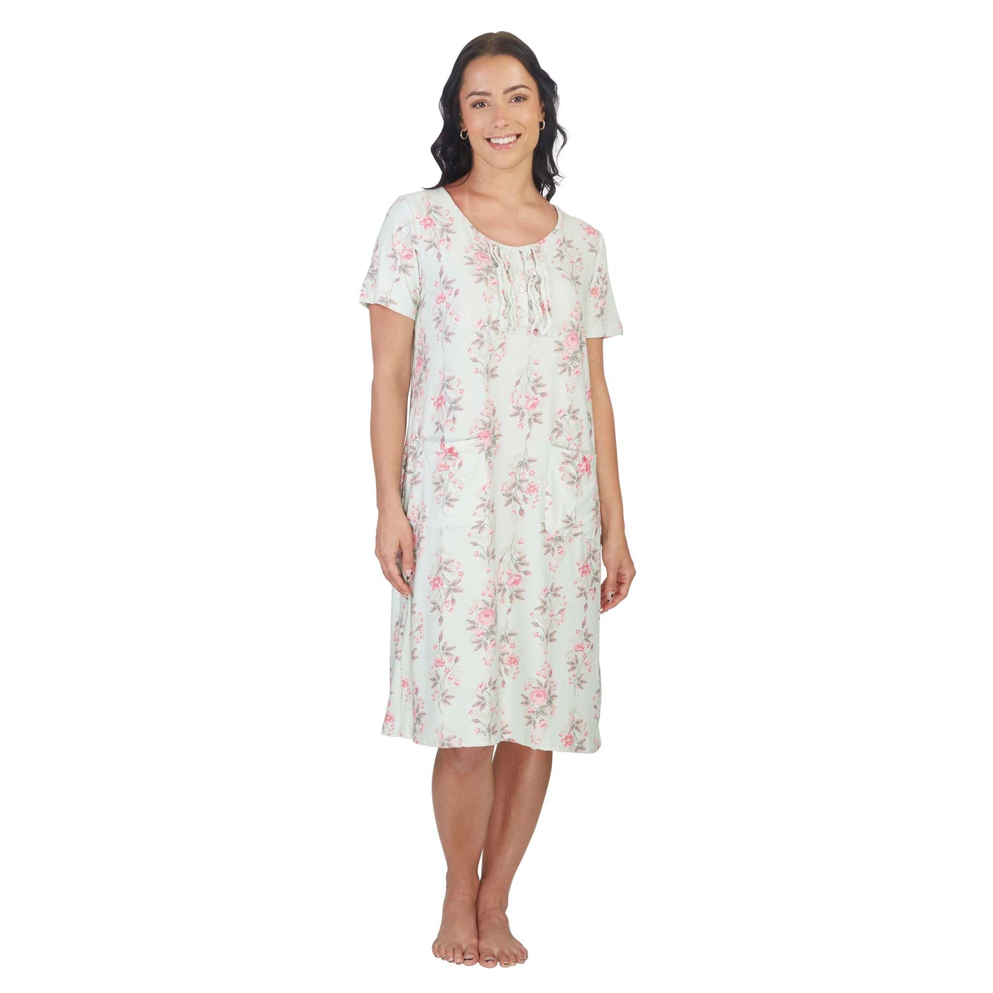 Women's Mid Calf Night Gown With Short Slit Sleeves Green Floral