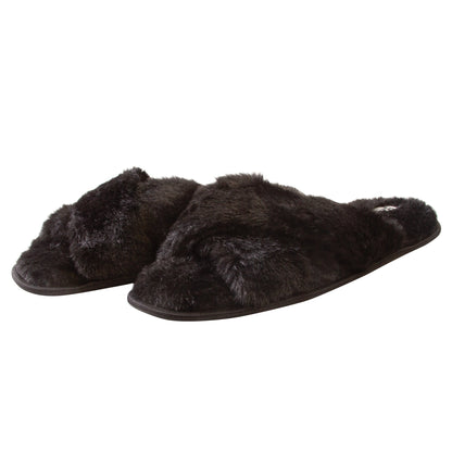 Bench Women Faux Fur Open-toe Criss Cross Band Slip-On Slippers Black