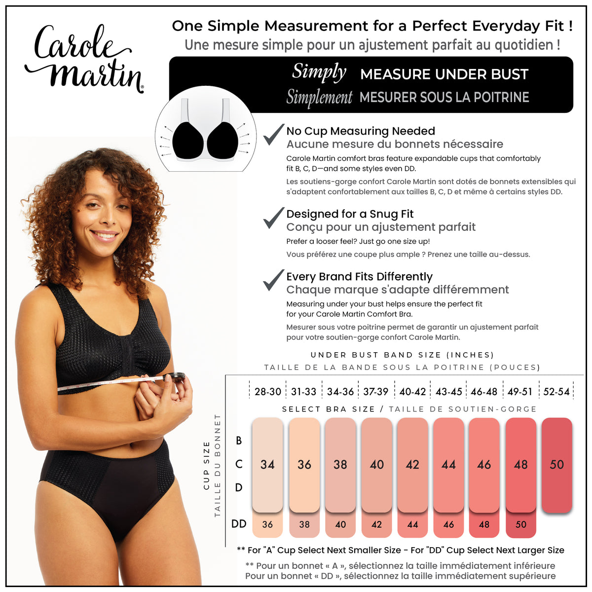 Carole Martin Front Closure Wire-Free Full Freedom Comfort Bra Style 7218 - Size Chart
